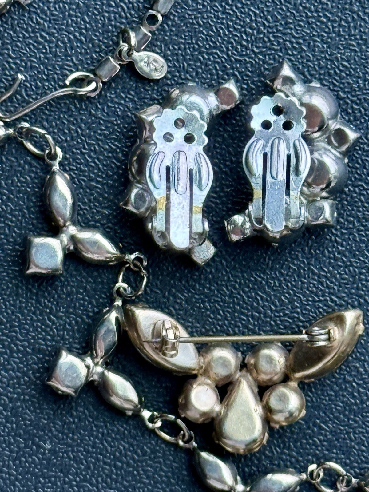 Vintage Designer Jewelry Lot Smoky Grey Rhinestone Necklace Brooch Earrings. A