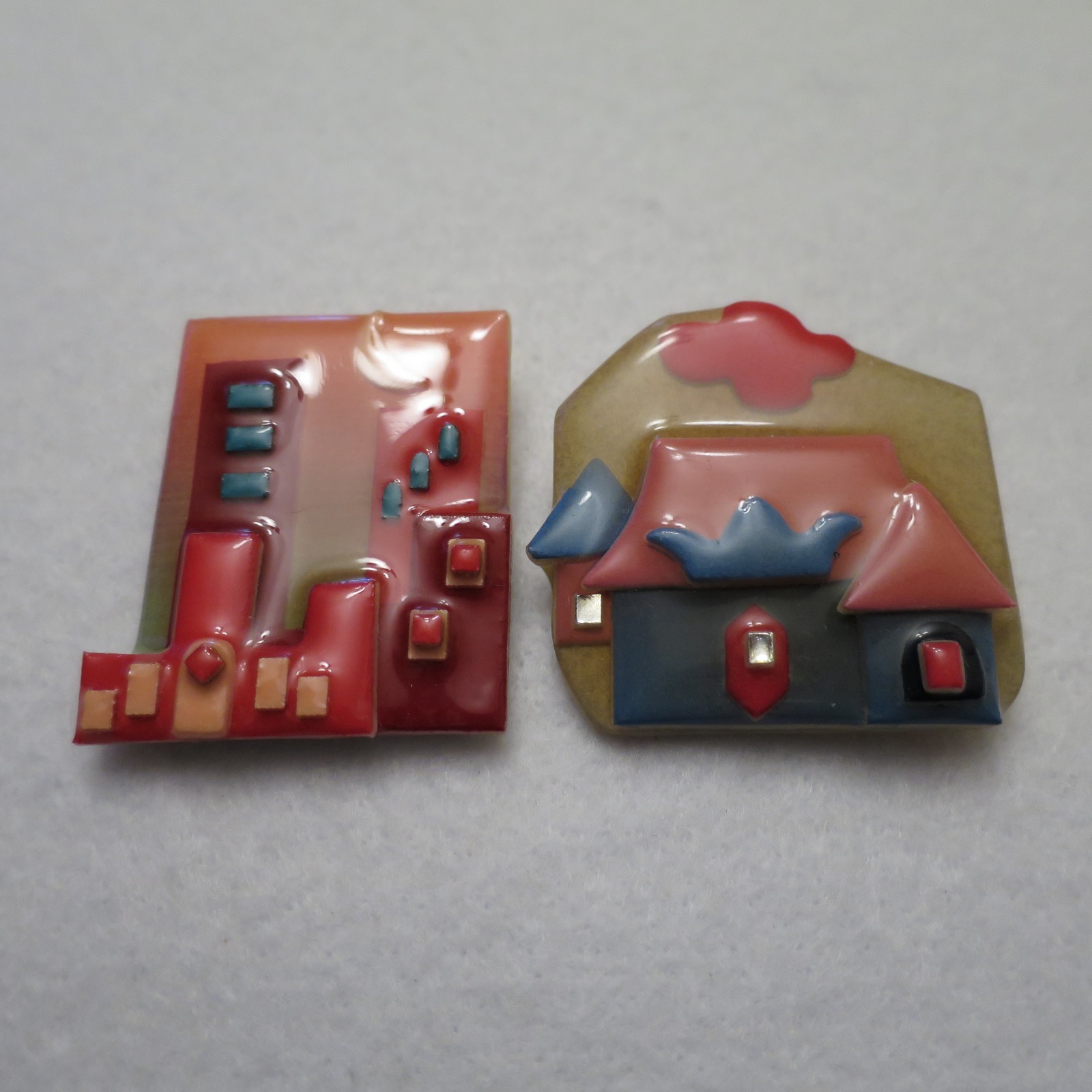 Lot of 2 Lucinda House Pins City Buildings Pink Blue Brown Moon Cloud Sunset VTG