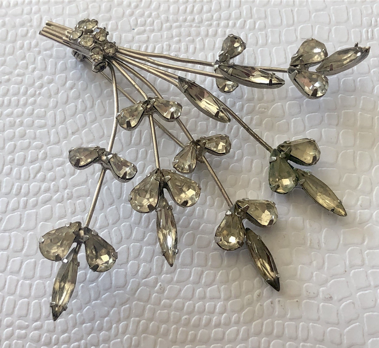 Vintage Clear Prong Set Rhinestone Tremble Flower Spray Brooch 3 X 3.5
