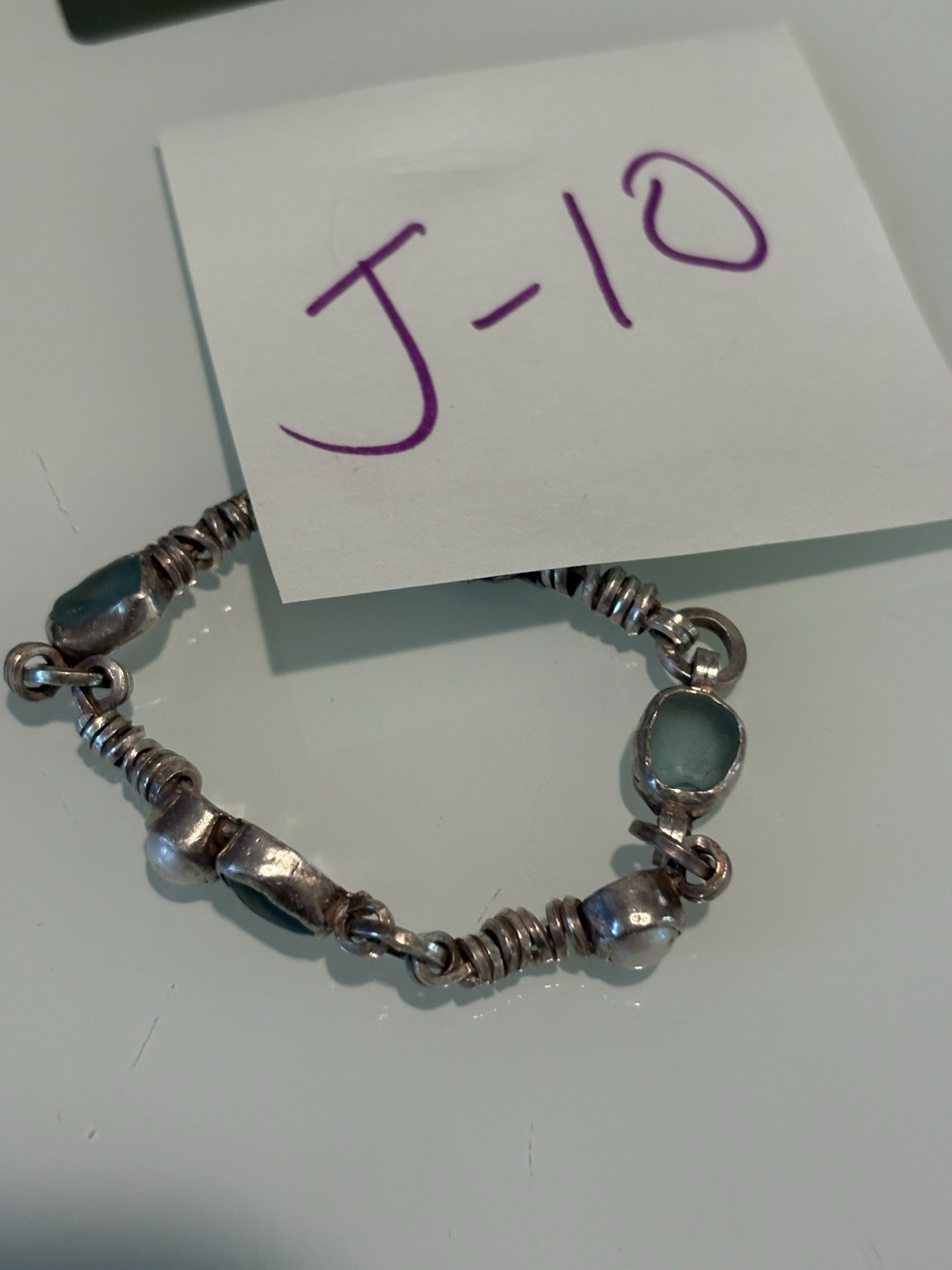 VTG 925 Sterling Silver, Blue Seaglass And Pearl Bracelet 7.5 Handmade 22 Grams