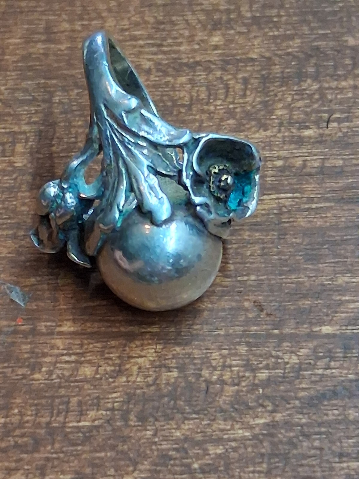 Vtg Sterling Silver Jens Petersen Art Nouveau Poppy Flower Perfume Orb Ring 2.75