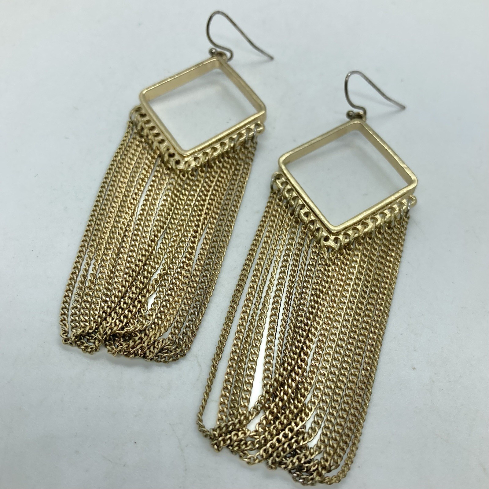 Vtg Fringe Chain Dangle Statement Earrings Gold Tn Hook Long Hoops