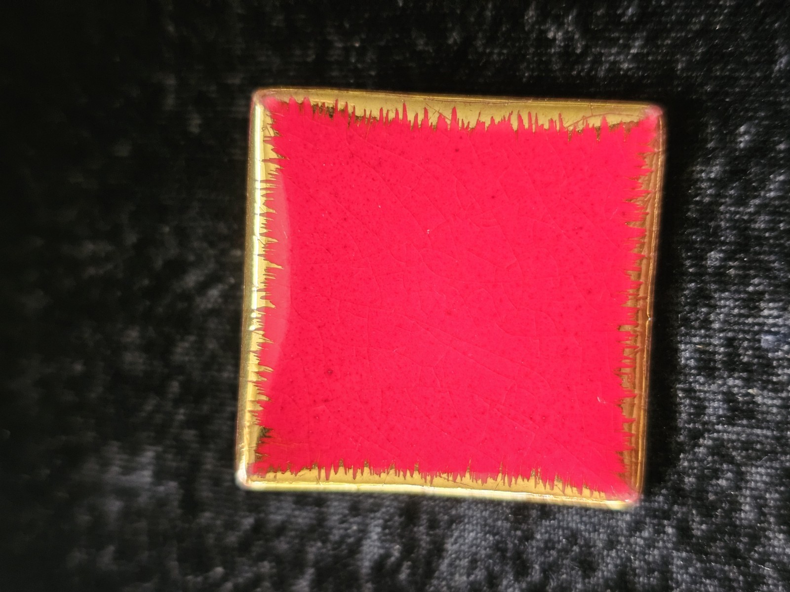 Milvern Co Brooch Handpainted Square Red Gold Curved Edge Design Signed Mcm