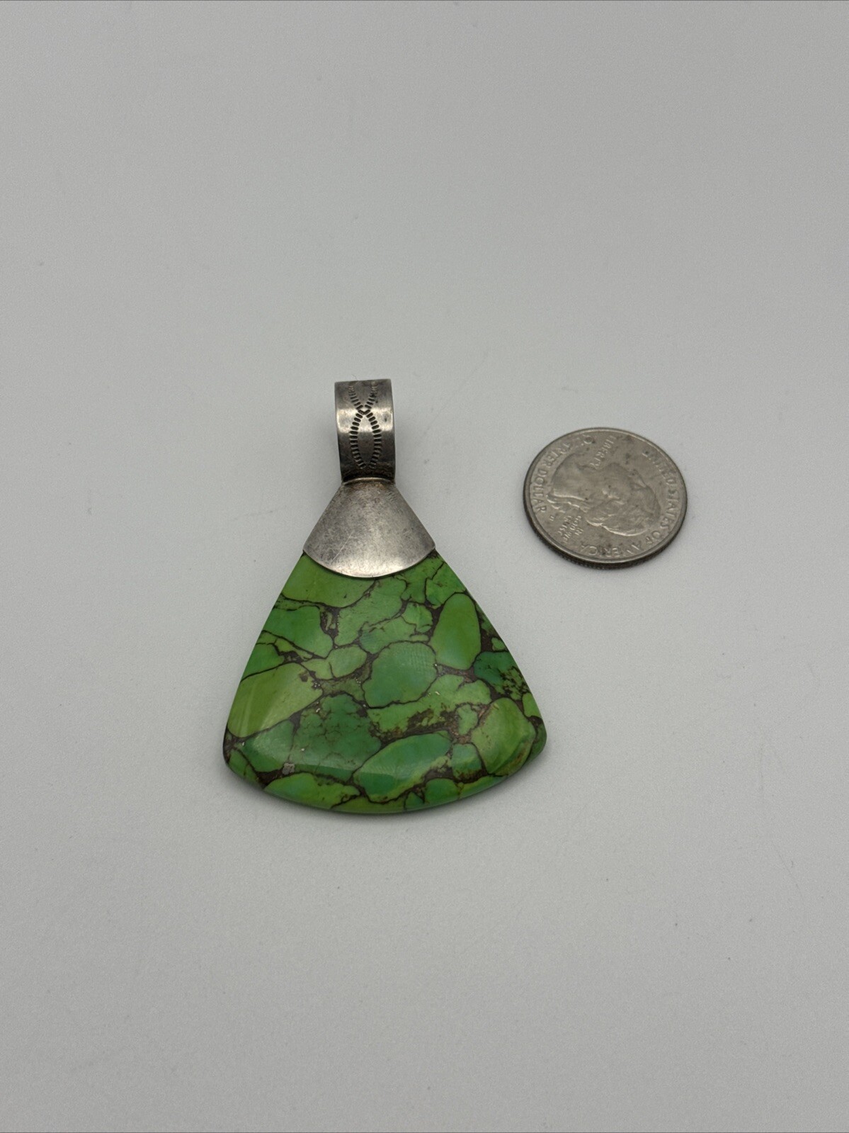 Vintage Sterling Silver w/ Green Stone 2.5″x 1 5/8″ Pendant, 21.4g