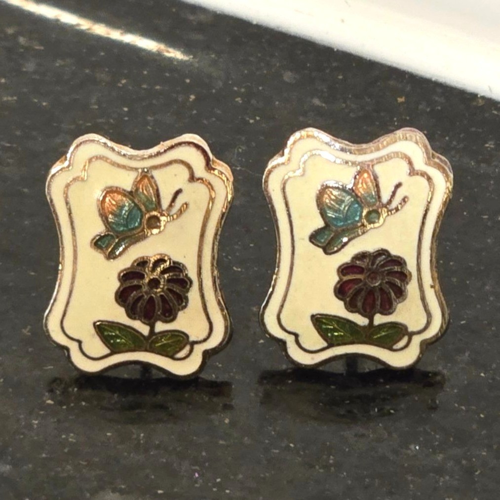 Vintage Cloisonné Butterfly Floral Earrings Garden Jewelry Enamel Summer Spring