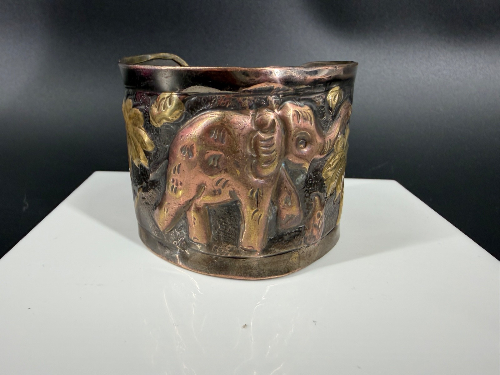 Boho Elephant Cuff Bracelet Wide Brass Copper Tone India Tribal Safari Festival