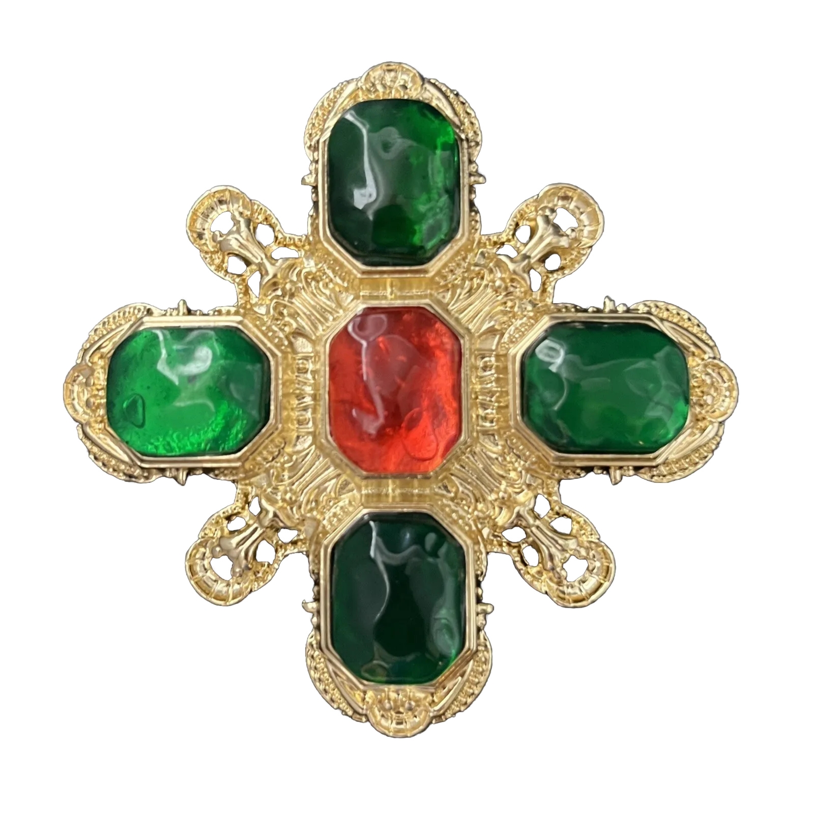 Gripoix Style Poured Resin Maltese Cross Brooch Pin Gold Red Green Ornate