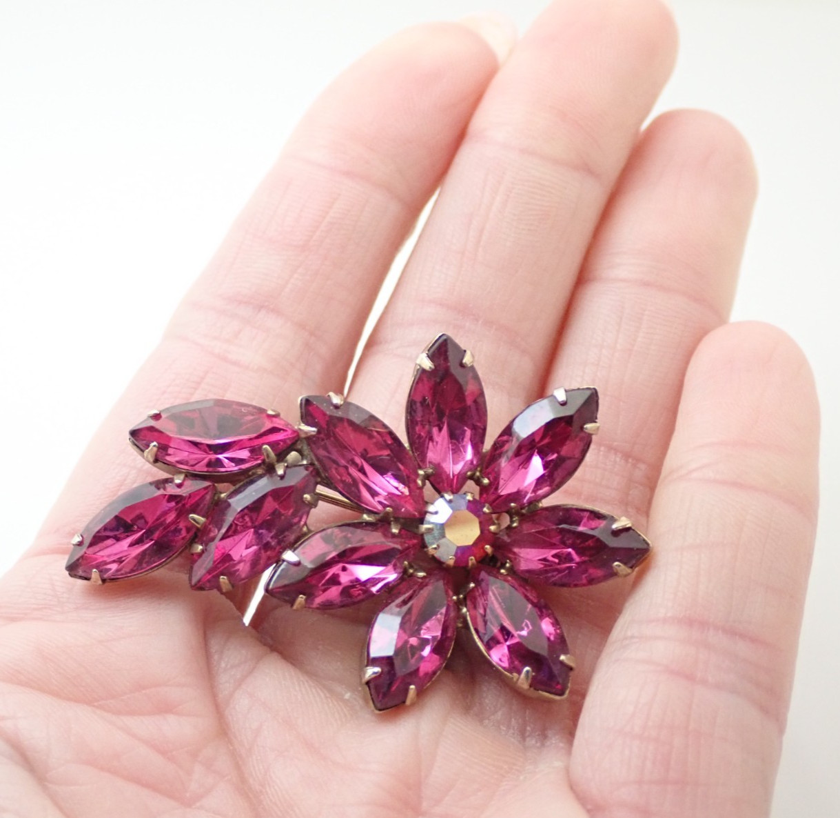 Vintage Pink Rhinestone Blooming Flower Cluster Prong Set Brooch Pin