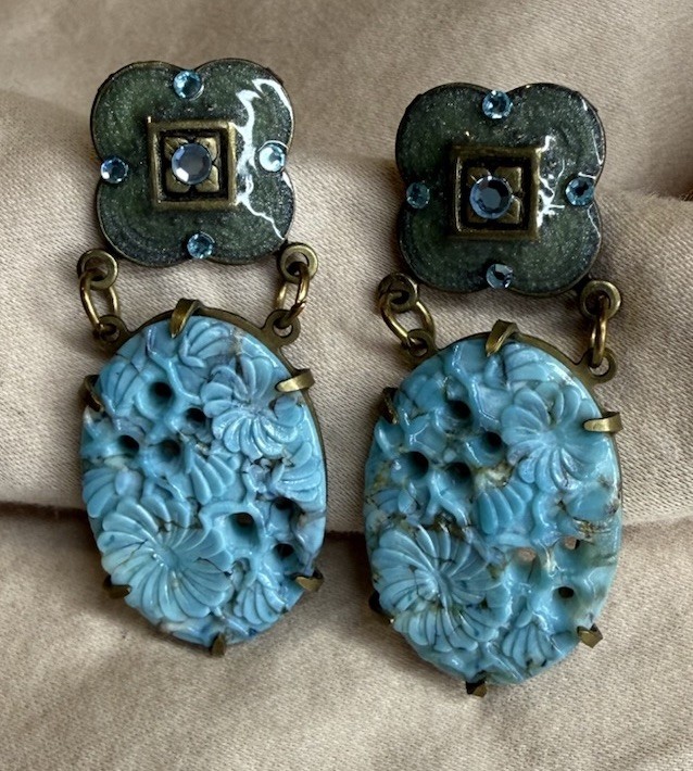 Vintage Glass Works Studio Carved Glass, Enamel , Crystals, Brass tone Earrings