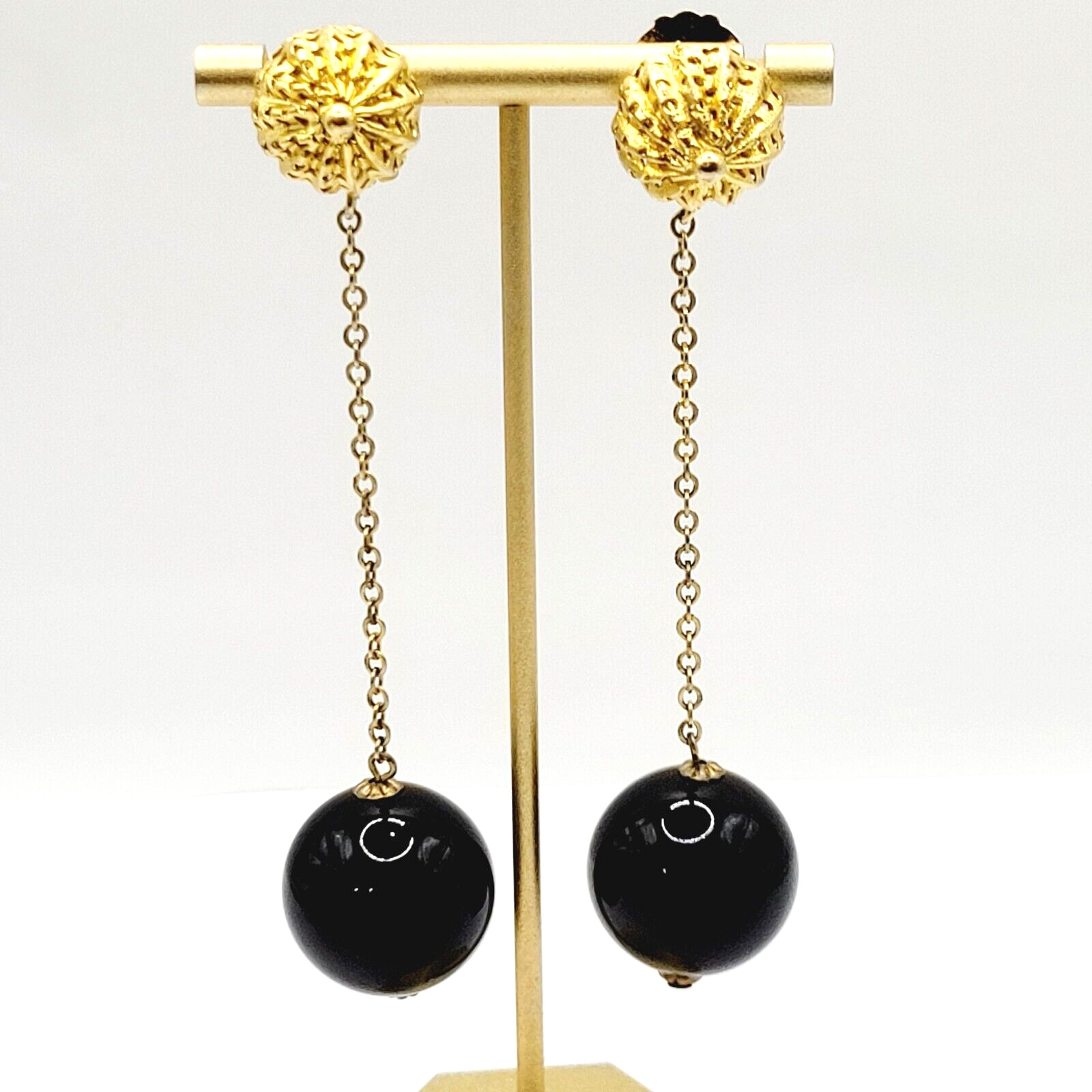 DeNicola Black Ball & Chain Long Drop Dangle Runway Gold Tone Clip On Earrings