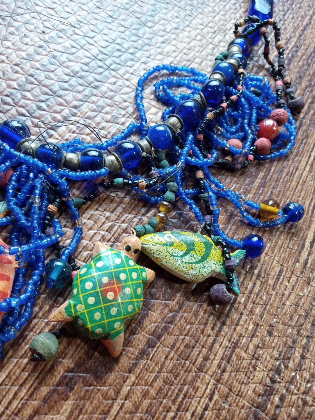 Vtg Boho Necklace Hand Painted Fish Turtles Intricately Beaded Looped Dangles