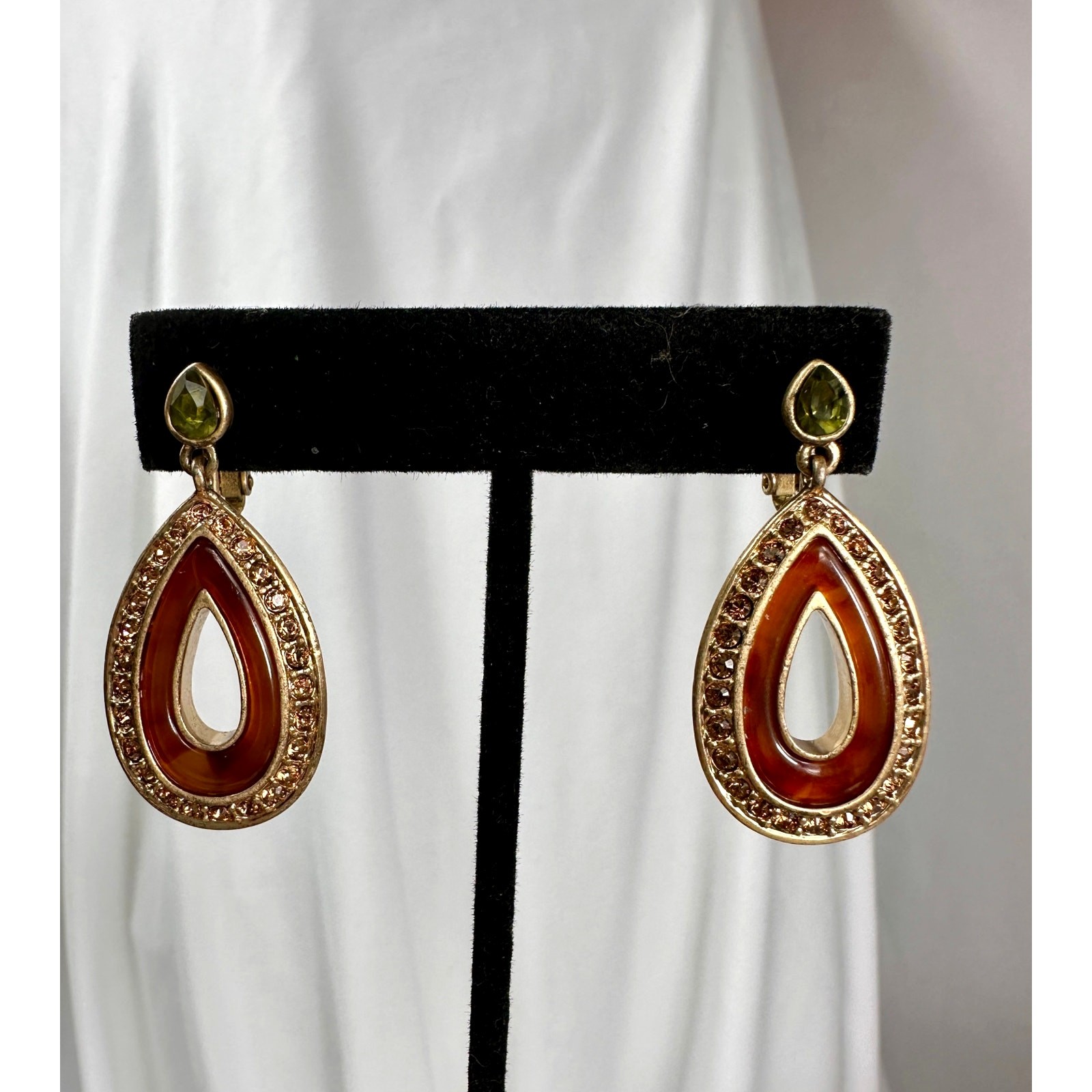Vintage Liz Claiborne Teardrop Dangle Earrings Amber Resin Rhinestone Gold Tone