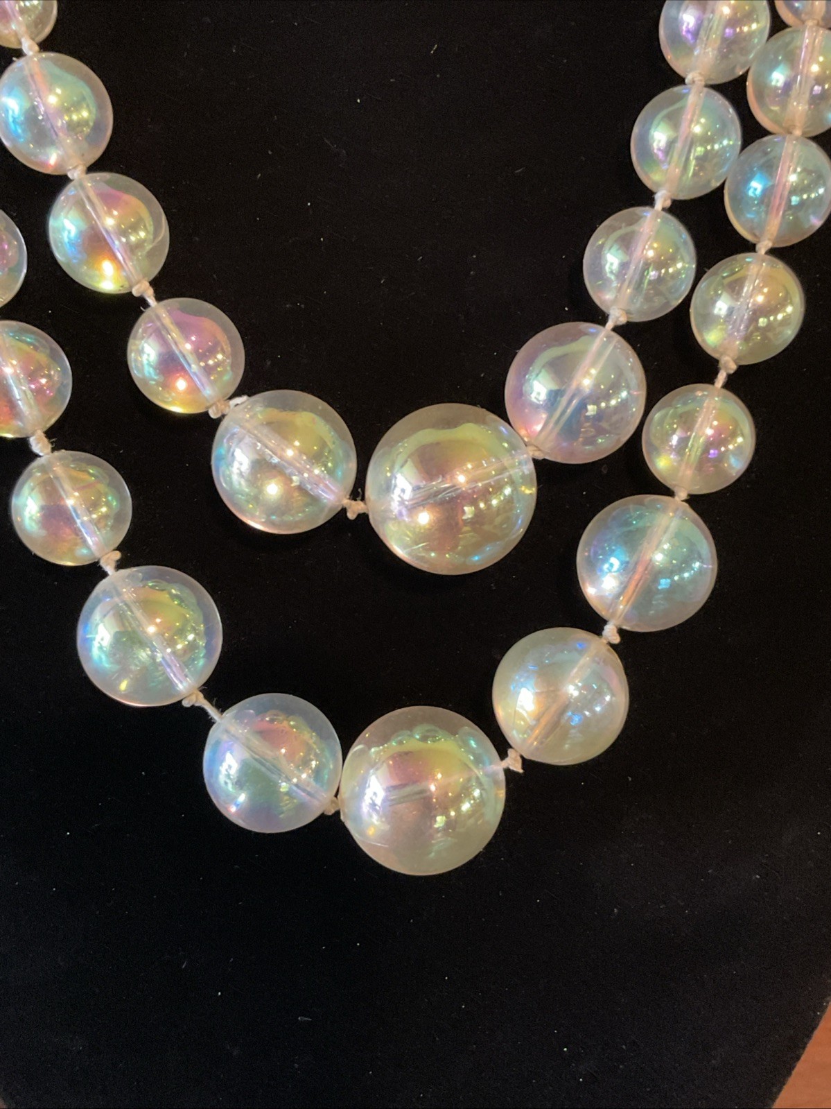 Vintage 18” Clear Iridescent Beaded Necklace Graduated Round Double Strands