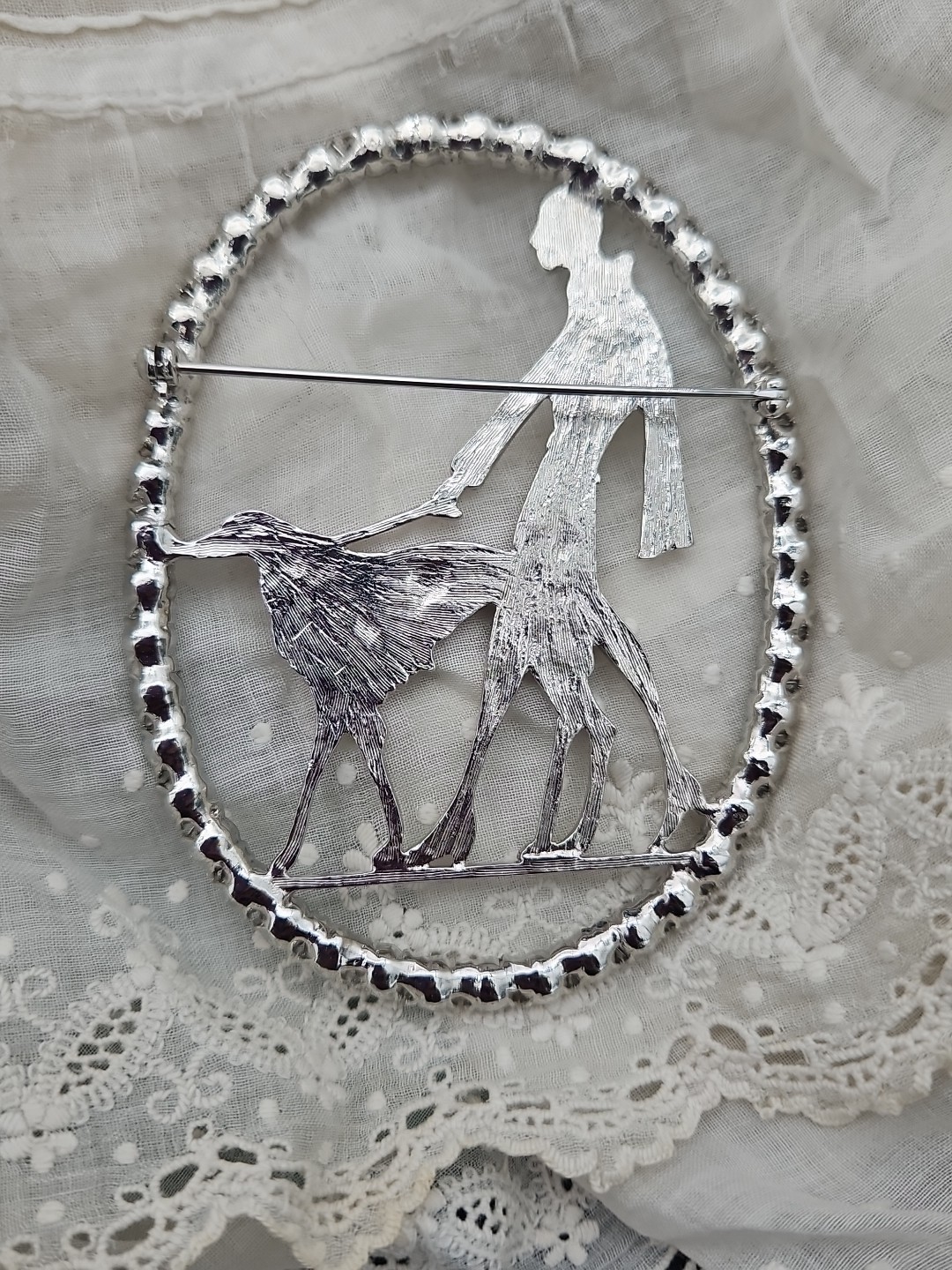 Vtg Vogue Art Deco 1920s Silver Lady Walking Borzoi Dog Brooch Pin Rhinestone