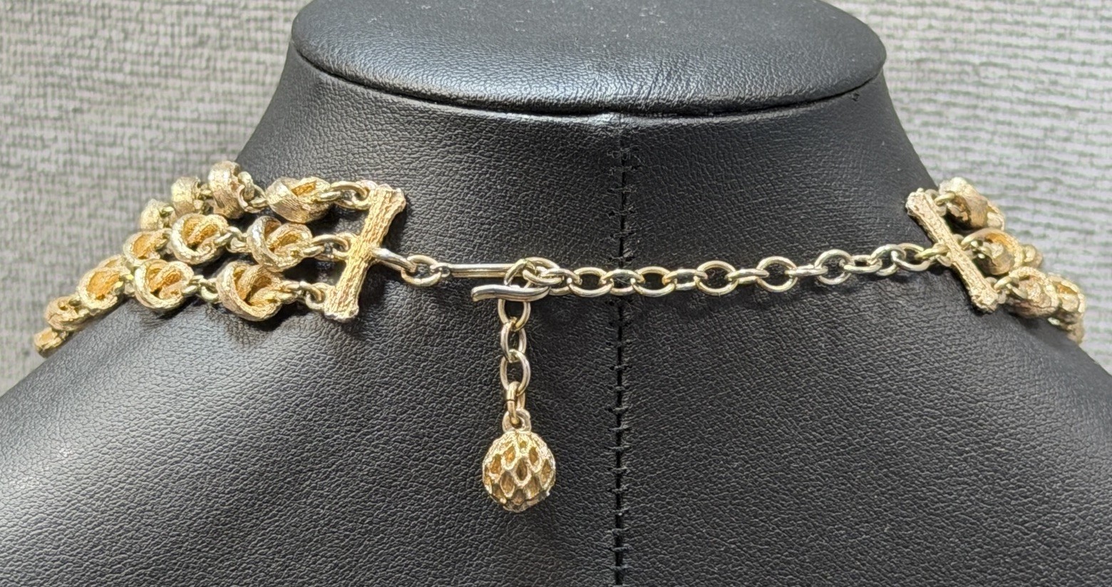 Vintage Knot Filigree Bead Necklace Multi Strand Beaded Gold Tone Acorn Hook