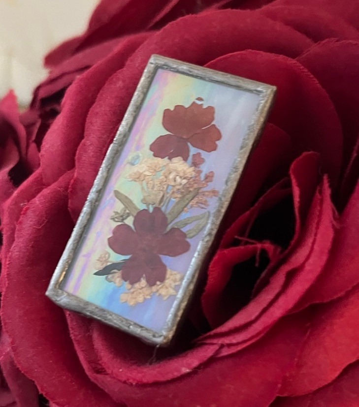 Vintage Handmade Iridescent Glass Pressed Dried Flower Silver 2” Framed Brooch