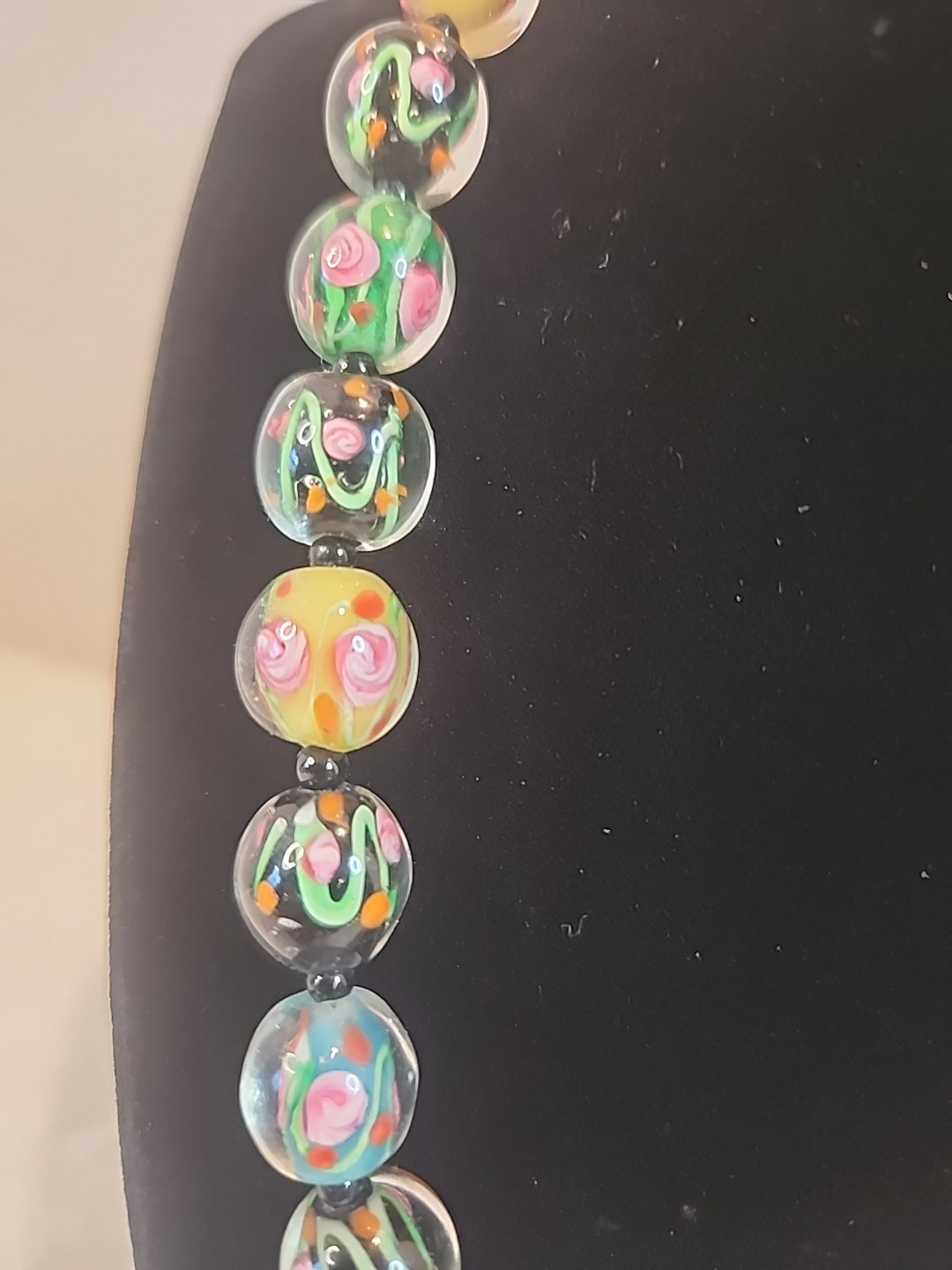 Vintage Multicolor Blown Glass Beaded Floral Necklace W/Toggle Clasp 19″