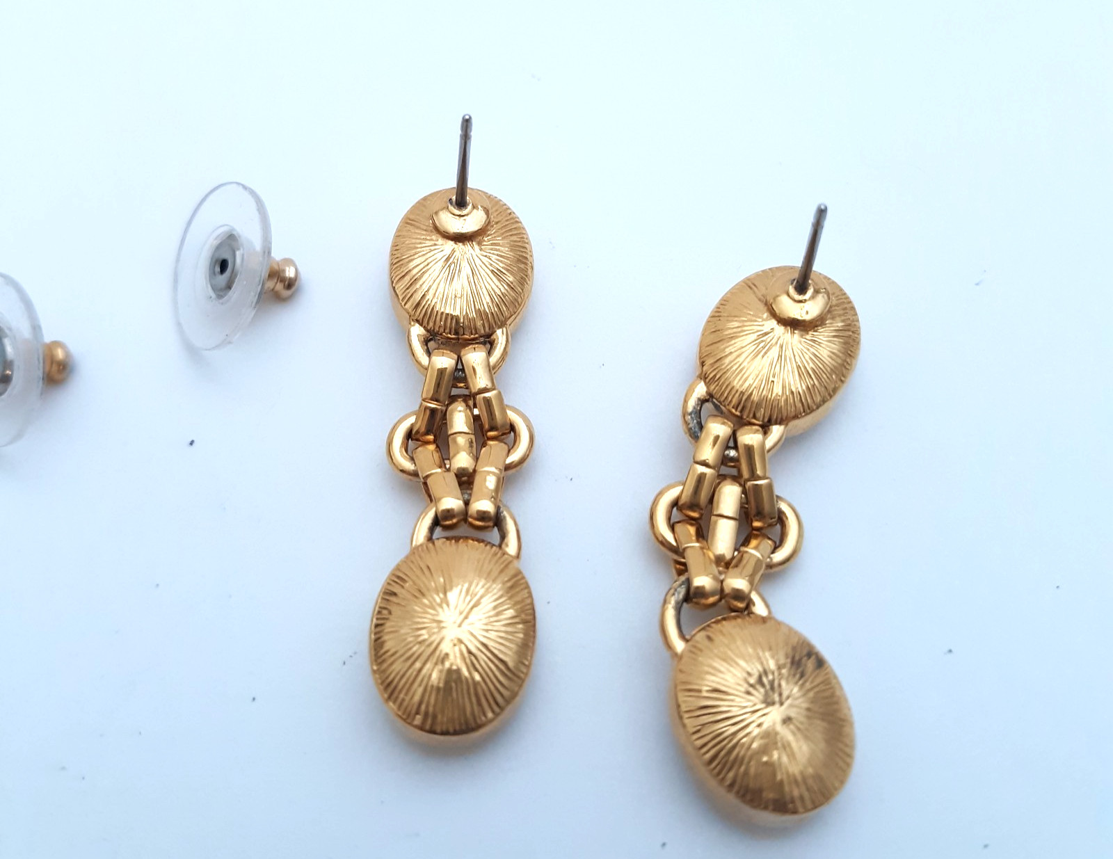 Vintage Chain Dangle Earrings Double Faceted Rhinestones Gold Tone Pierced