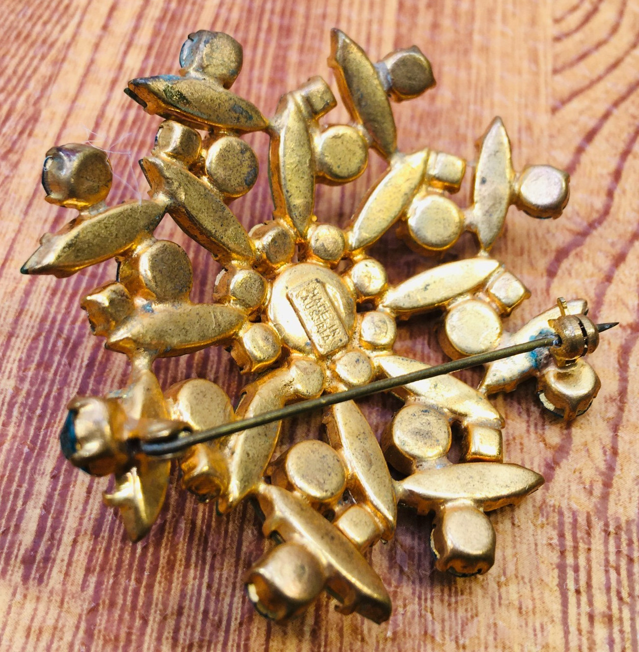 Vtg Austrian Brooch Dome Navette Apple & Dark Green Rhinestone Missing 1 Stone