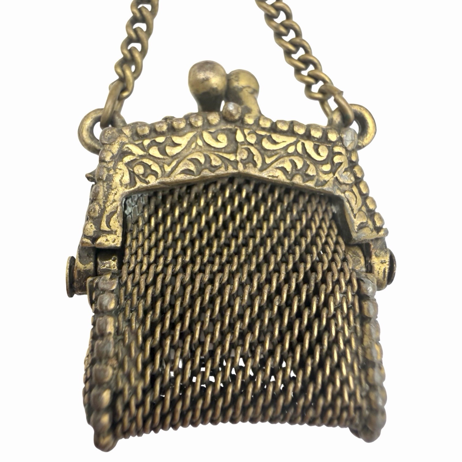 Vintage Fleur de Lis Mesh Coin Purse Brooch Chatelaine Pin Ornate Brass Tone