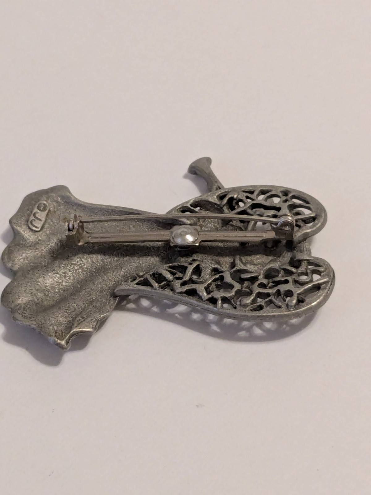 JJ Jonette Vintage Silver Tone Pewter Angel & Horn Brooch With Rhinestone 2.5″.
