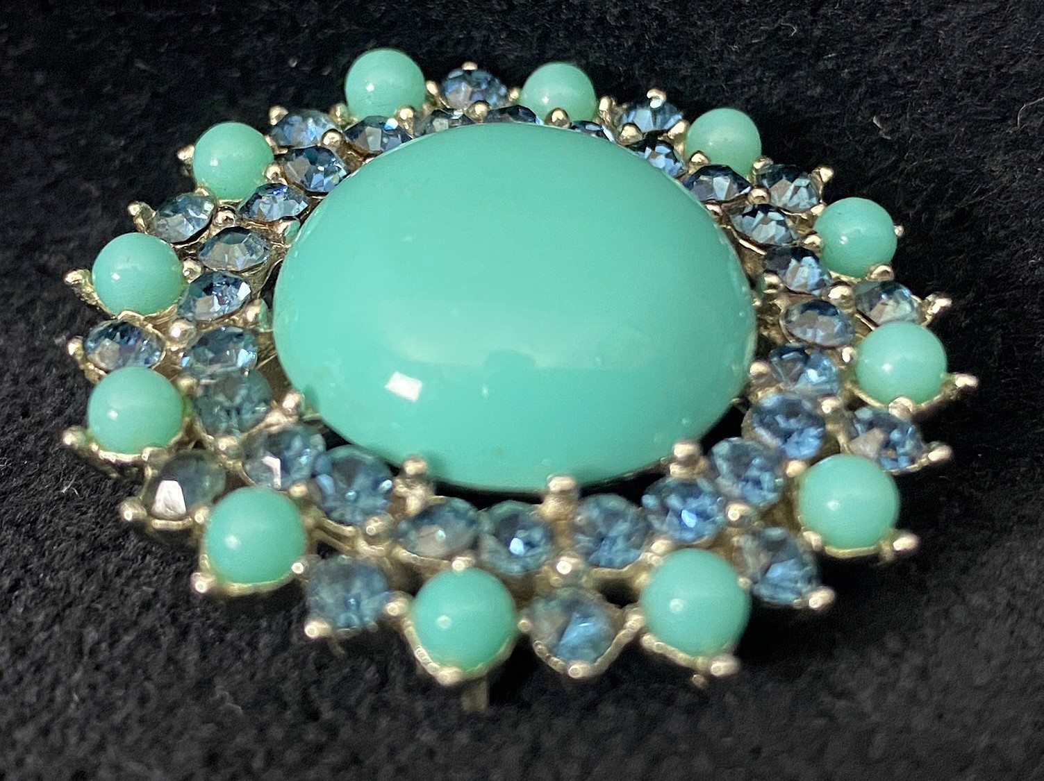 Vintage, Signed, Trifari Costume Jewelry Brooch Faux Turquoise Blue Rhinestones