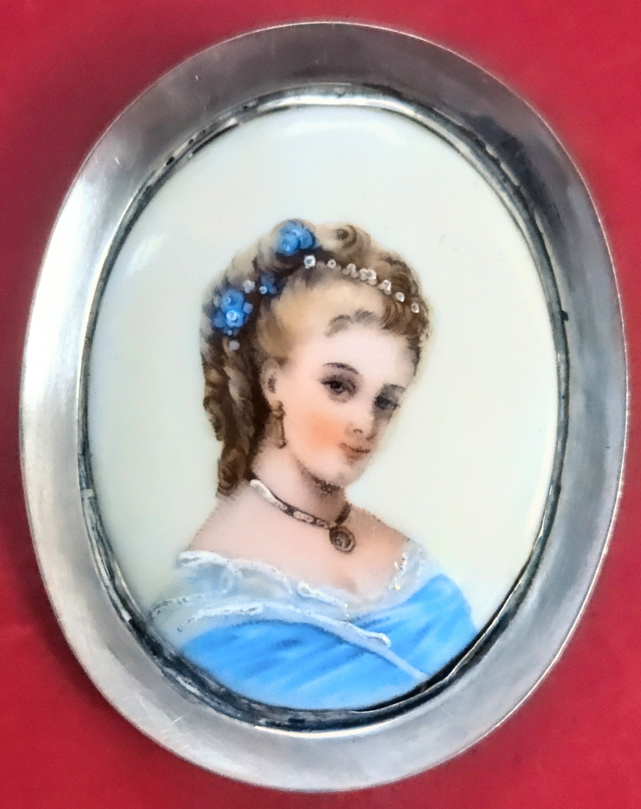 Antique Imperial Russian 84 Silver Hand‑Painted Enamel Portrait Brooch AM Mukhin