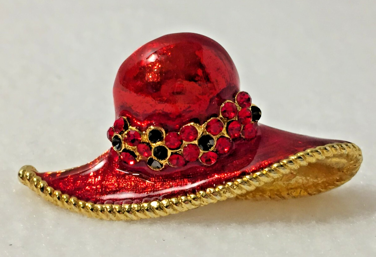 Red Hat Society Women’s Brooch Pin Button Red, Purple with Gold Tone Metal