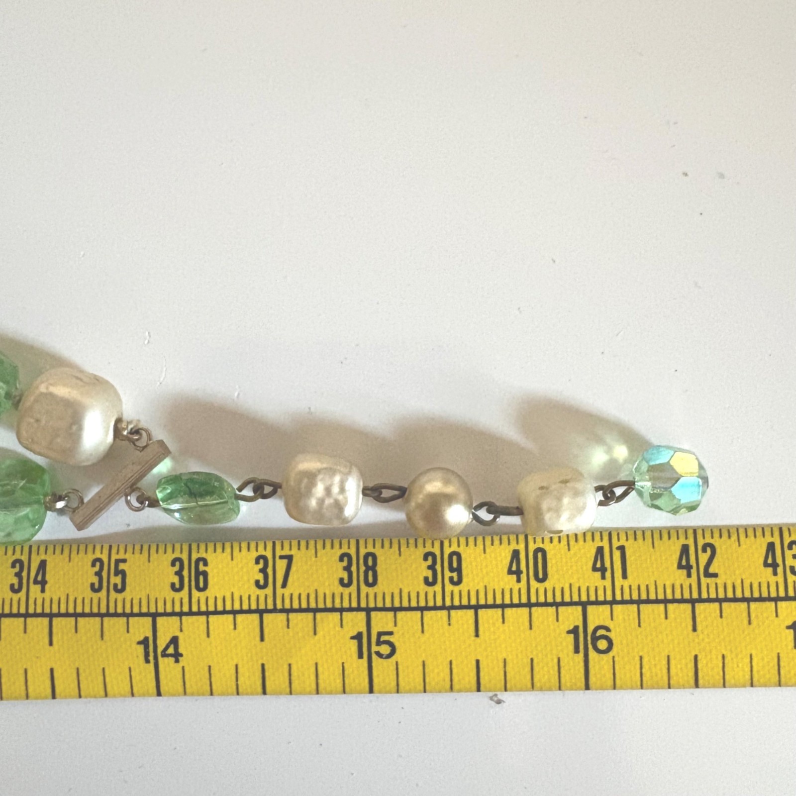 Vintage Double-Strand Necklace with Green and Faux Pearl Beads Hook Clasp