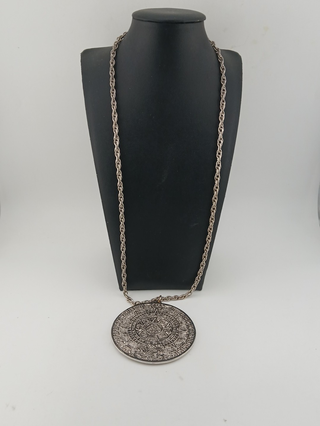 TORTOLINI 1960s silver tone Aztec Calendar textured design medallion necklace