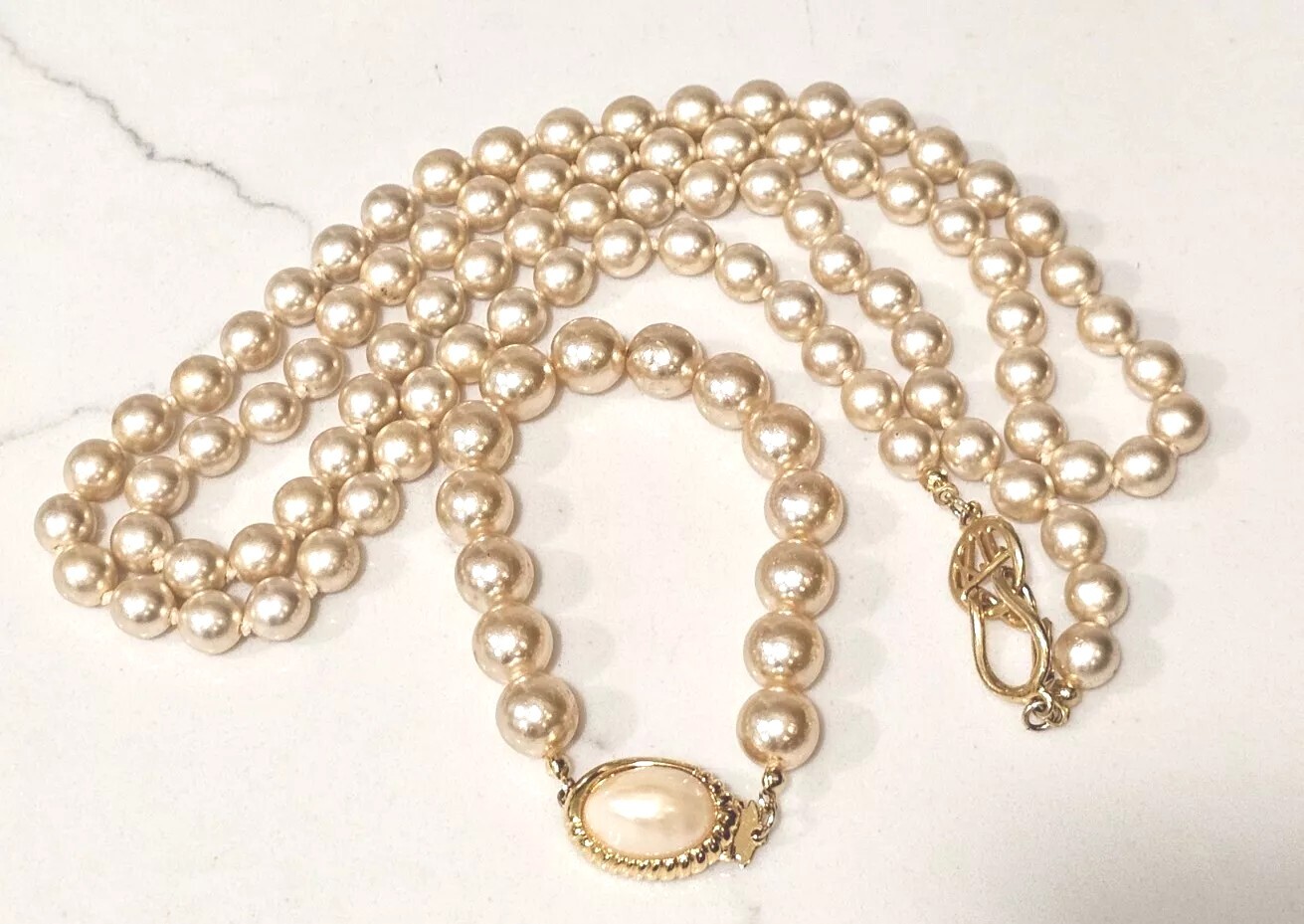 Kenneth J Lane Vintage Signed Faux Pearl Gold Filled Necklace with Bracelet Set