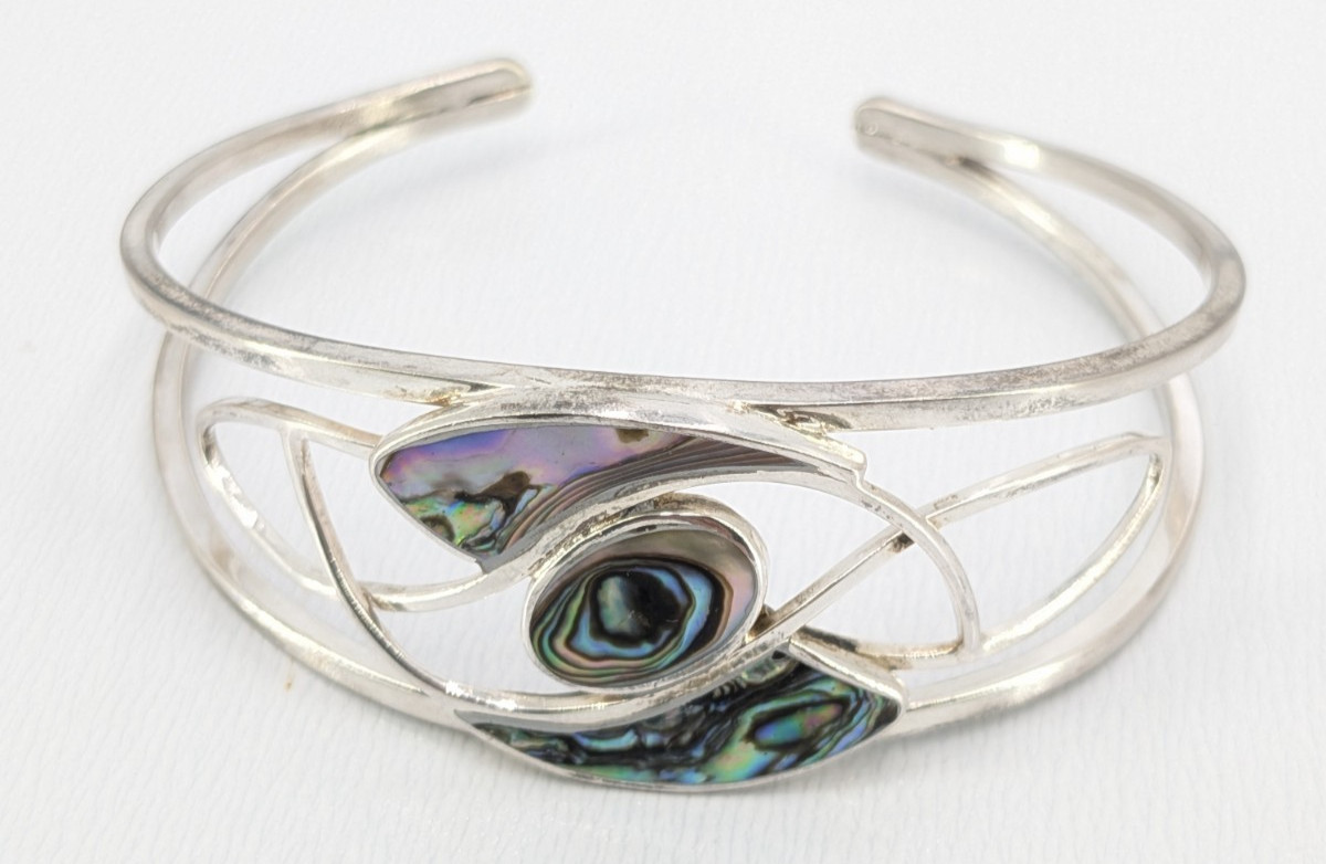 Vintage Abalone Shell Cuff Bracelet Silver Tone Openwork Swirl Small 6.5in Fit