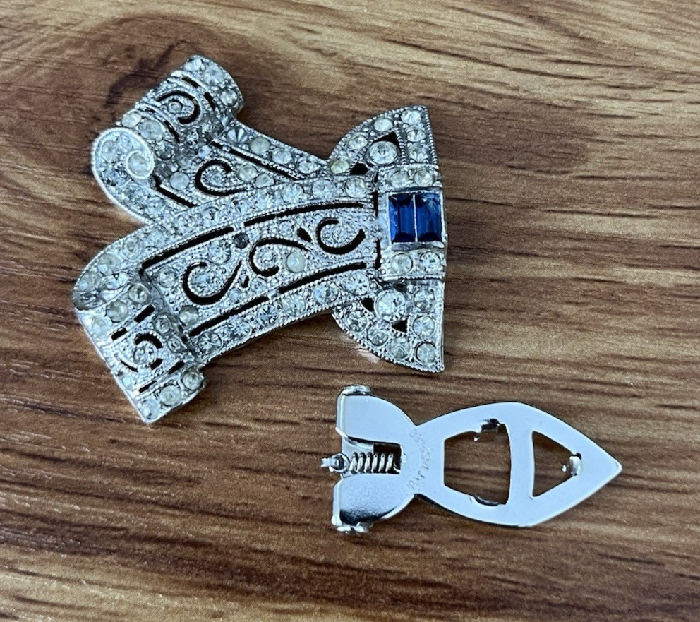 Vintage Coro Duette Bow Art Deco Silver Tone Brooch Dress Clip *Needs Repair*