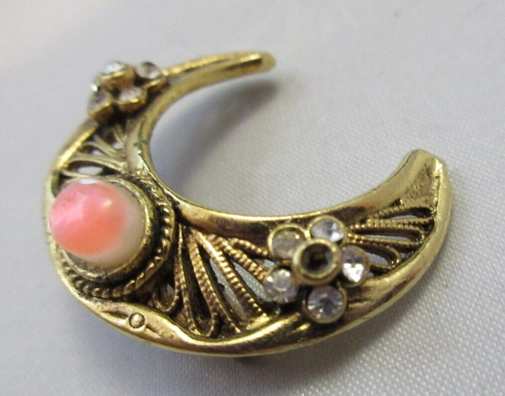 Vintage Tacoa Signed Crescent Moon Shape Clear Rhinestone Pink Cab Brooch