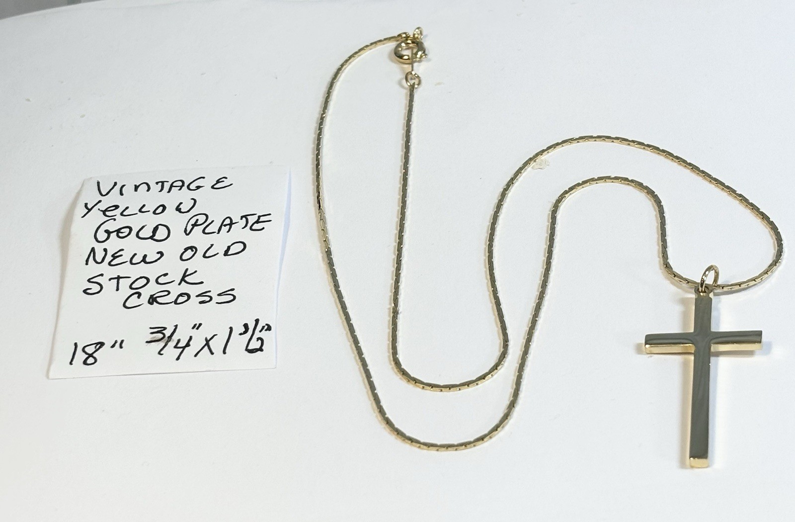 Vintage New Old Stock Yellow Gold Plate Cross Necklace 18” 3/4” x 1 1/2”