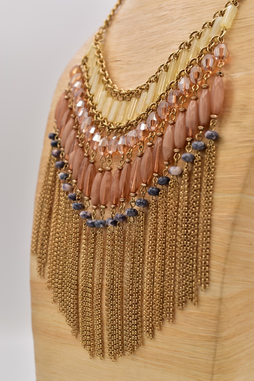 Vintage Fringe Statement Necklace Gold Peach Glass Beads Layered Boho Y2K BinBL
