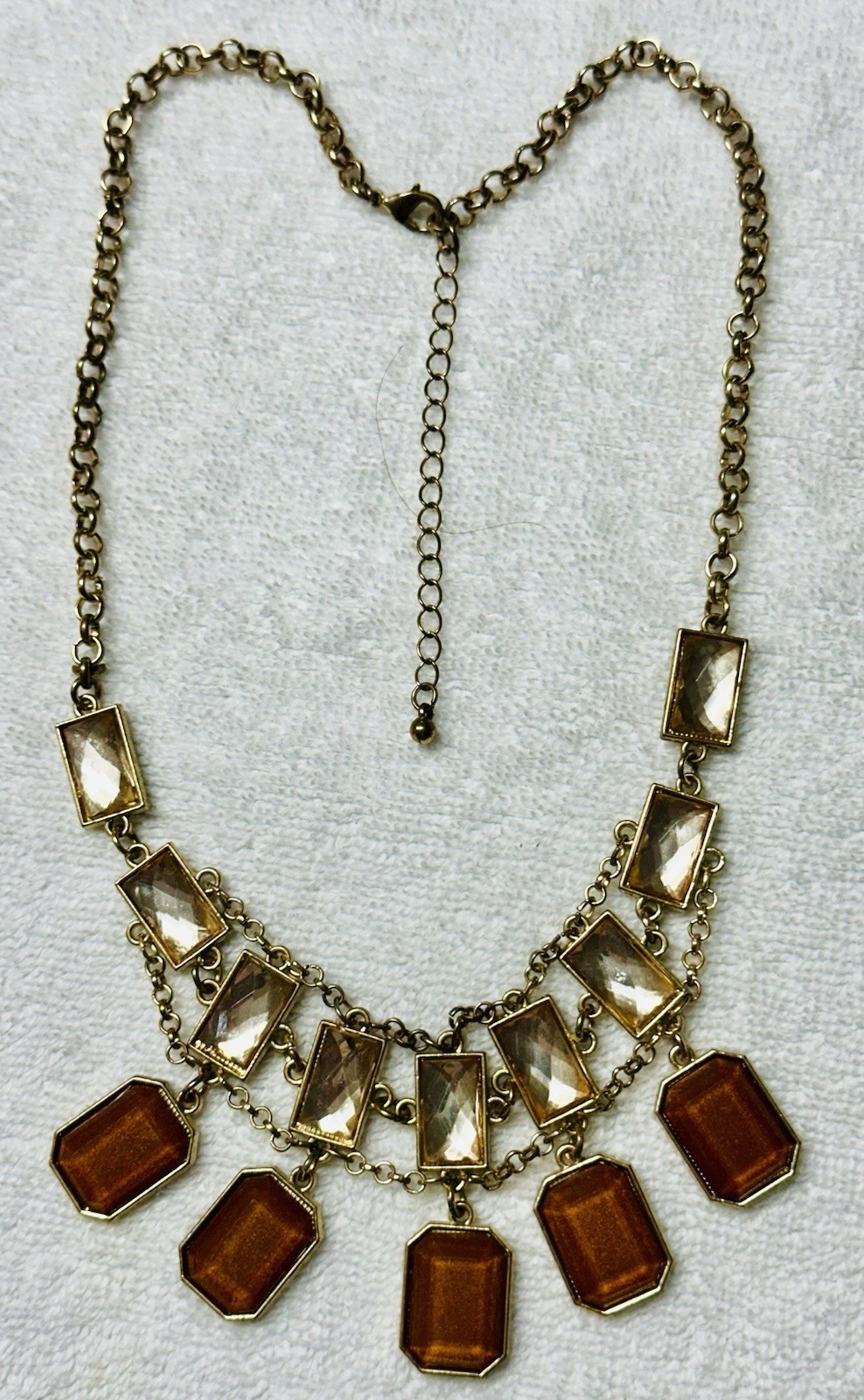 Faceted Rectangle Cabochon Gold Tone Bib Necklace n0153