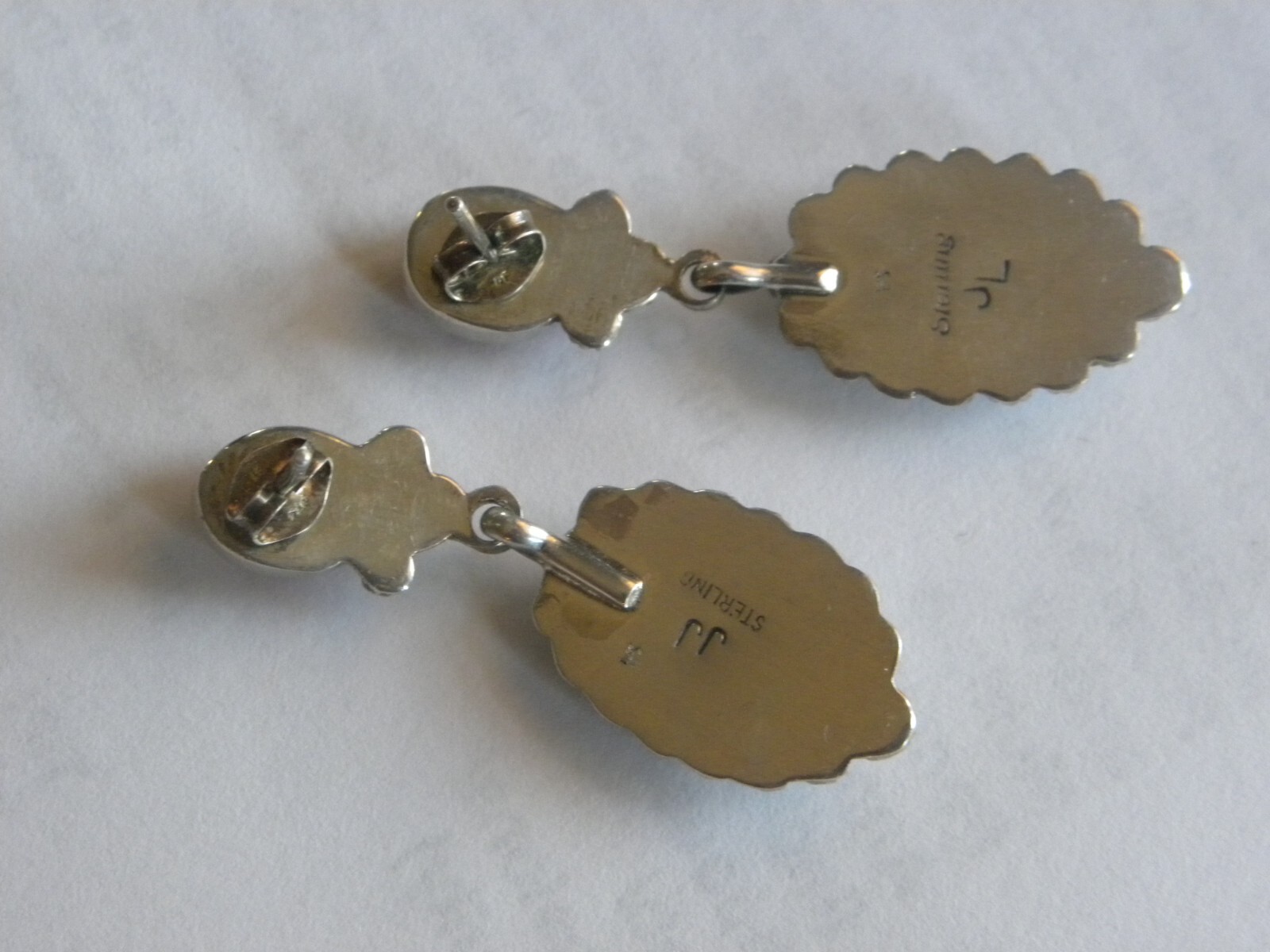 Vintage Sterling Lapis & Spiney Oyster Post Back Earrings Signed “J J” 1-5/8″