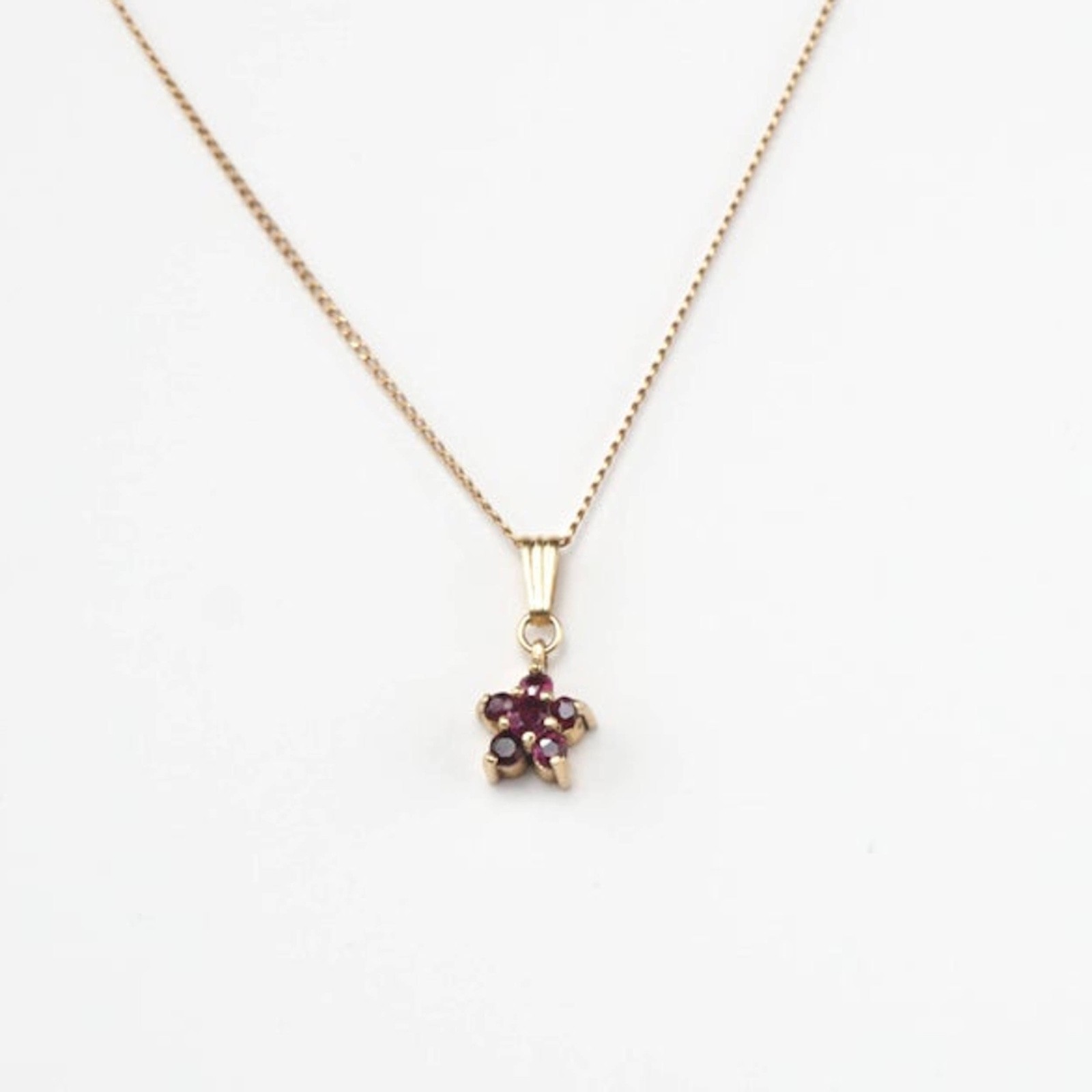 14K Solid Yellow Gold Natural Ruby Gold Star Pendant Necklace, 5 Red Rubies