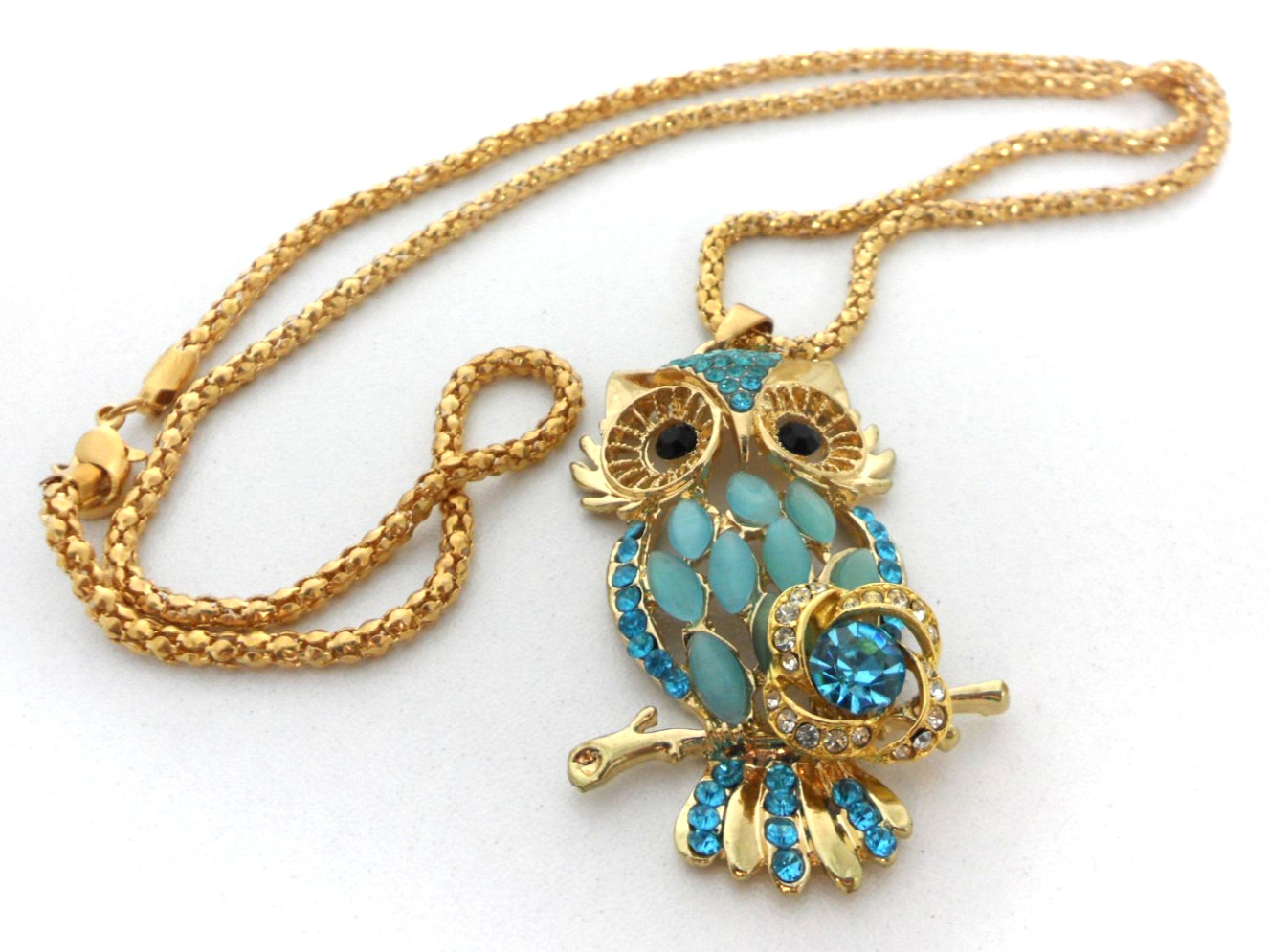 Blue Rhinestone Owl Pendant Necklace 26″ Long Popcorn Chain Granny Core Vtg