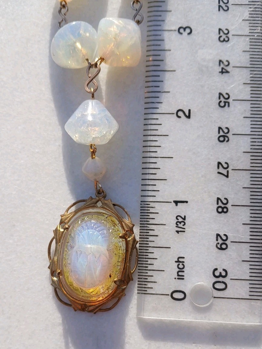 SALE! VINTAGE EGYPTIAN OPAL FOIL SCARAB ANTIQUE FOIL CRACKLE GLASS NECKLACE SET