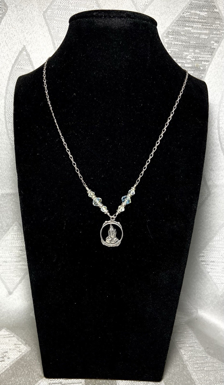 Vintage 925 Sterling Silver Praying Hands Necklace Aurora Crystal Beads 16”