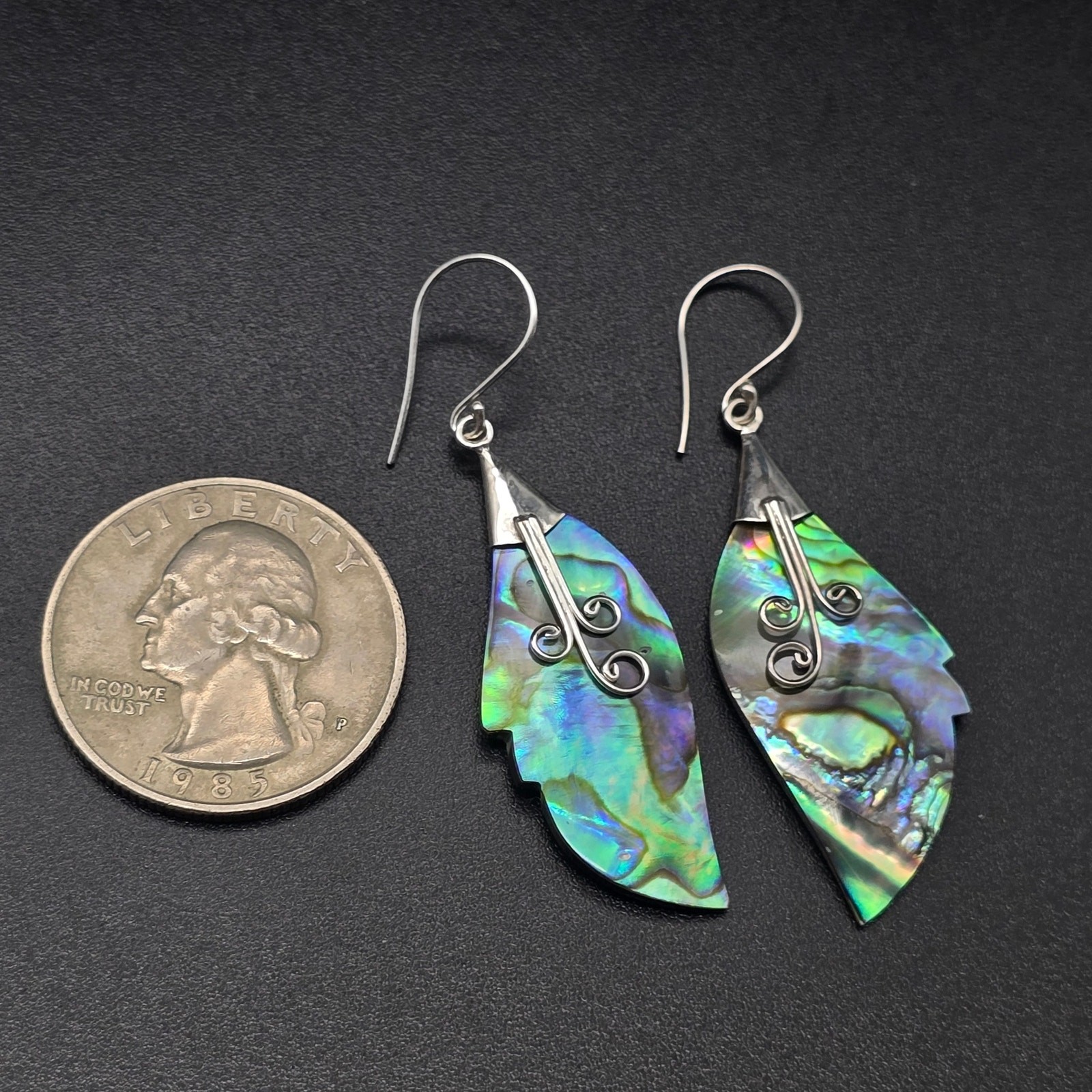 Sterling Silver Paua Abalone Shell Feather Earrings 925 Pierced