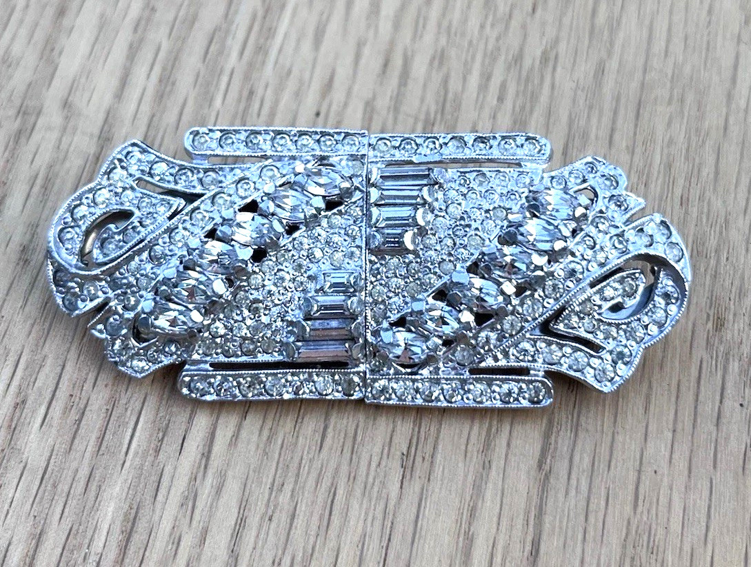Antique Art Deco Clear Rhinestone Pot Metal Duette Brooch Pat. 1945268 Coro