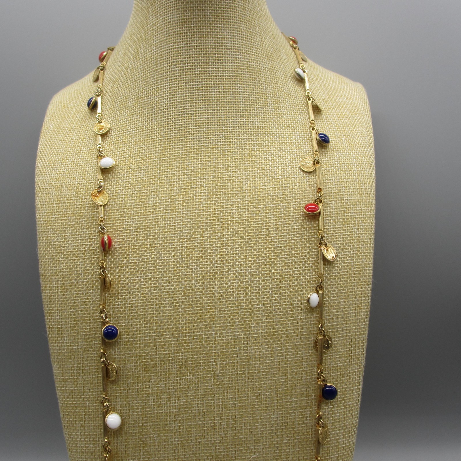 Vintage Open Bezel Necklace Faux Coin Station Gold Tone Red White Blue Rope 46″