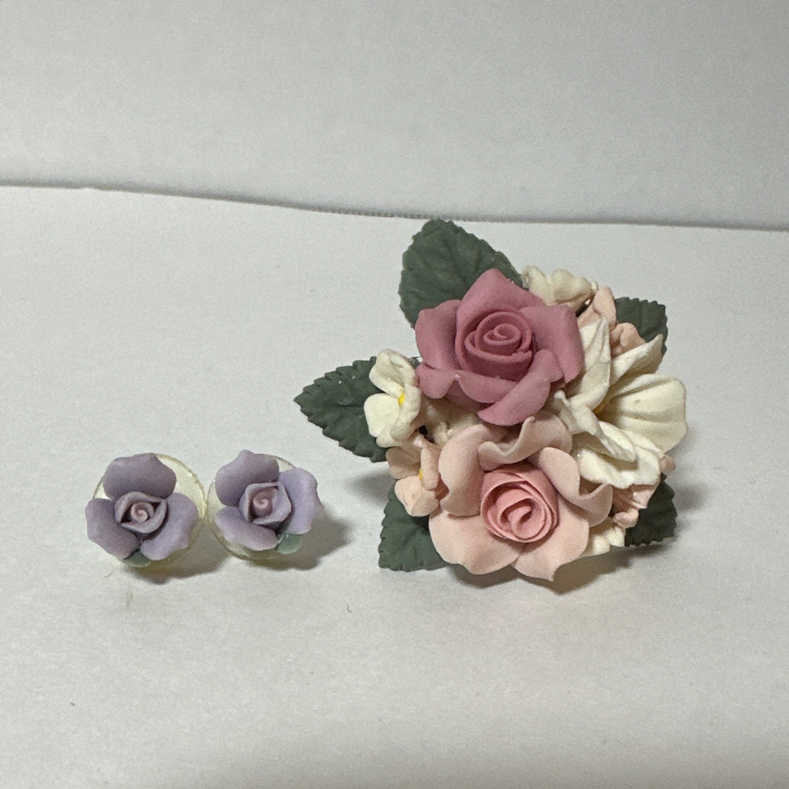 Floral Earrings and Brooch Pin Set Soft Colors of Purple, Pink, and Ivory Roses