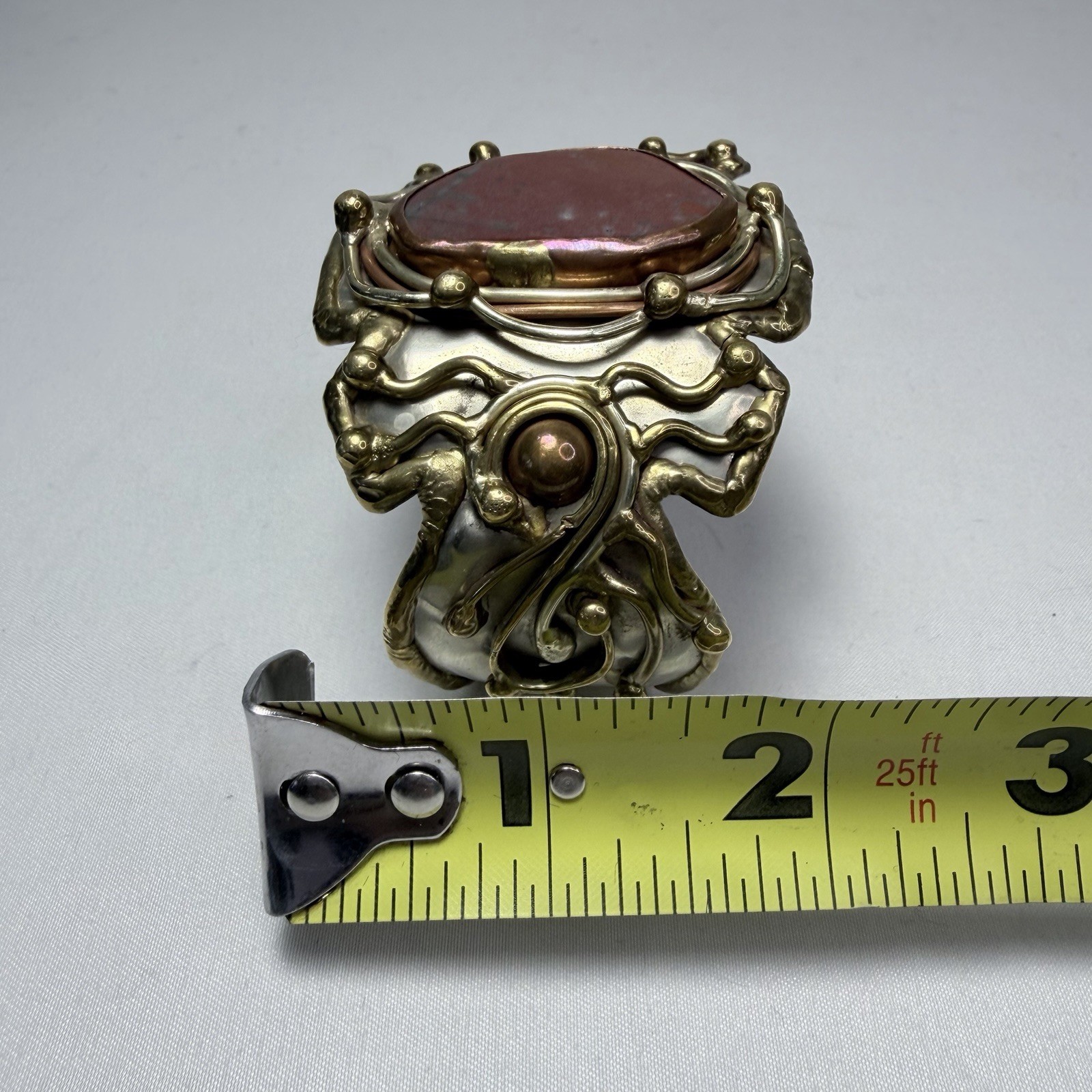 Beautiful Brutalist Mixed Metal Cuff Bracelet Brass & Copper Large Natural Stone