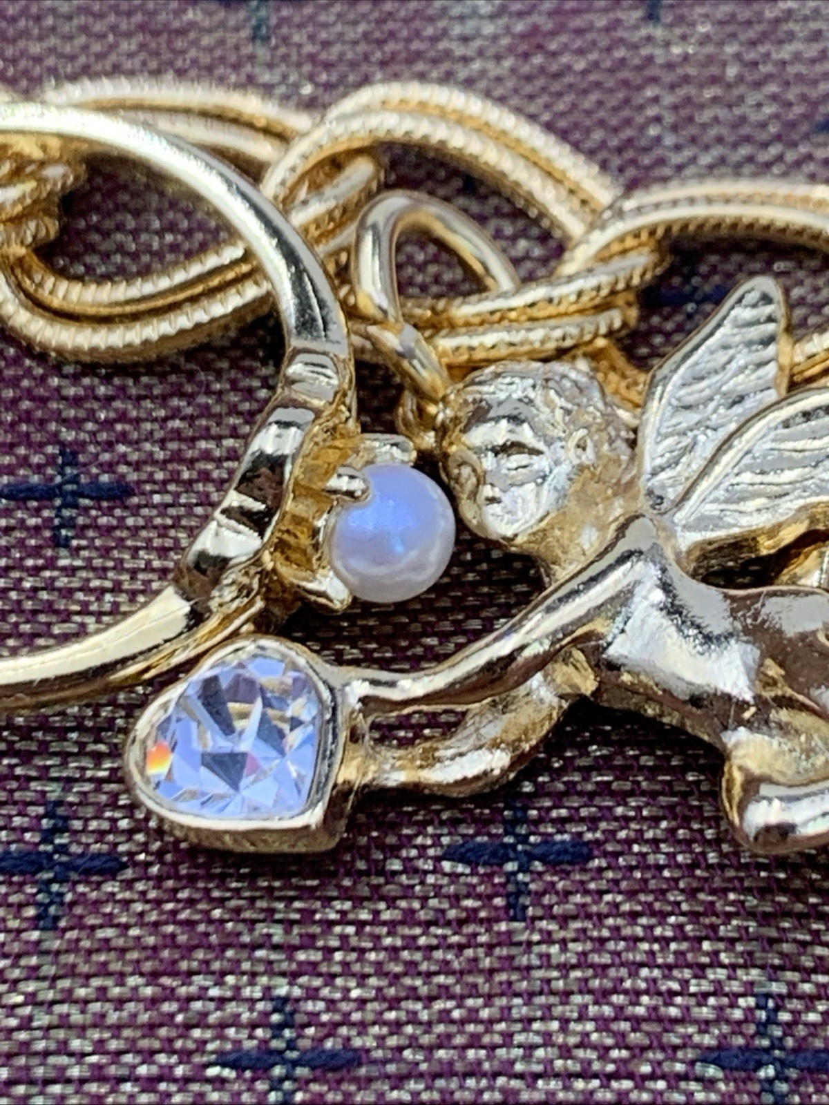Kirks Folly Gold Tone Charm Bracelet Cupid Hearts Rings Crystals Angel