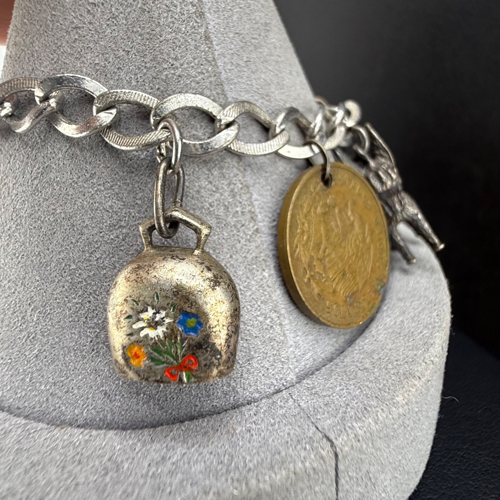 Vintage Travel Coin Charm Bracelet Europe Mexico Some 800 Silver 6.5”
