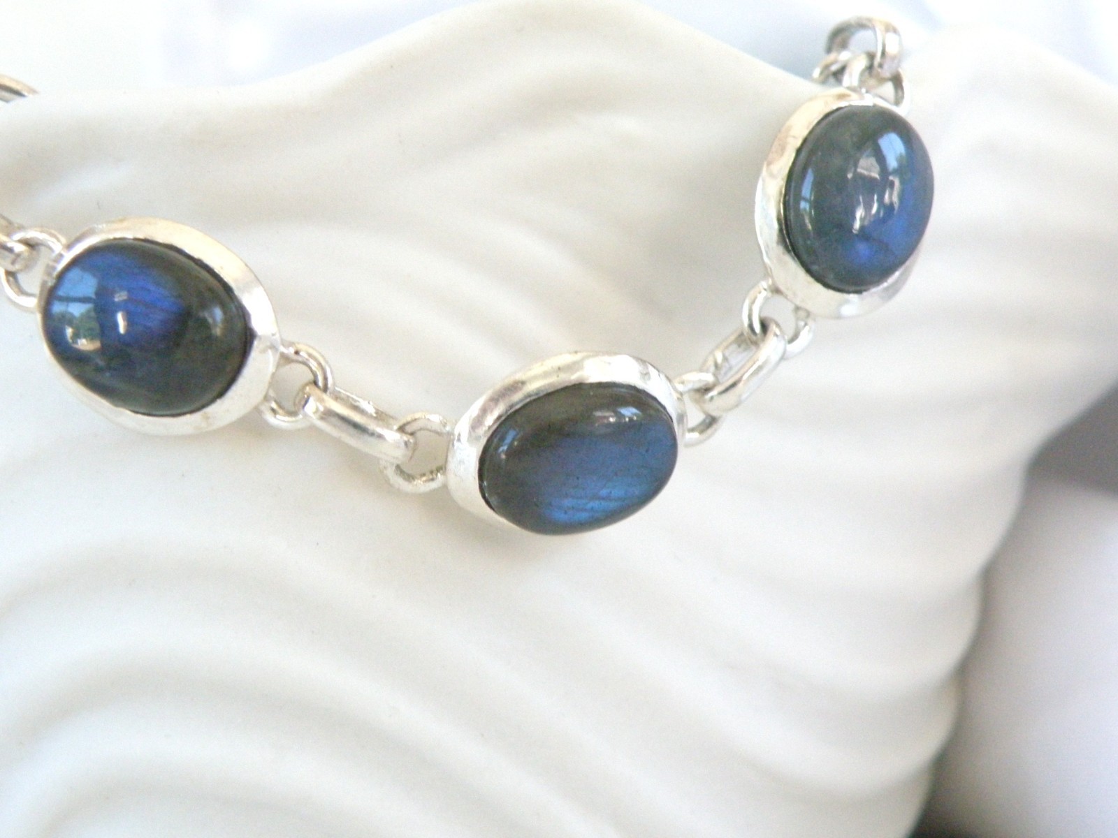 Vintage Sterling Silver 925 Labradorite Tennis Link Adjustable Station Bracelet